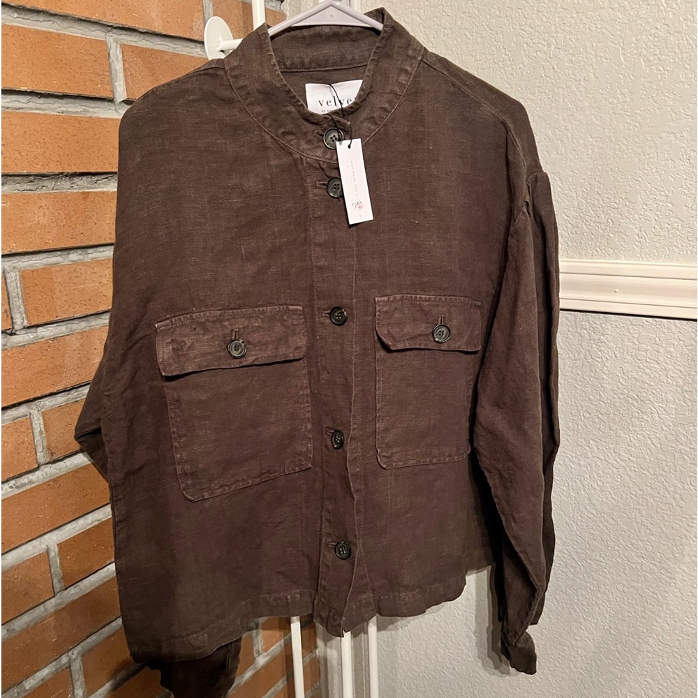 Velvet by Graham & Spencer cropped button up linen shacket in brown
